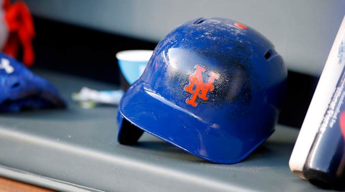 May 2, 2017; Atlanta, GA, USA; General view of New York Mets helmet in the dugout before a game against the Atlanta Braves at SunTrust Park.